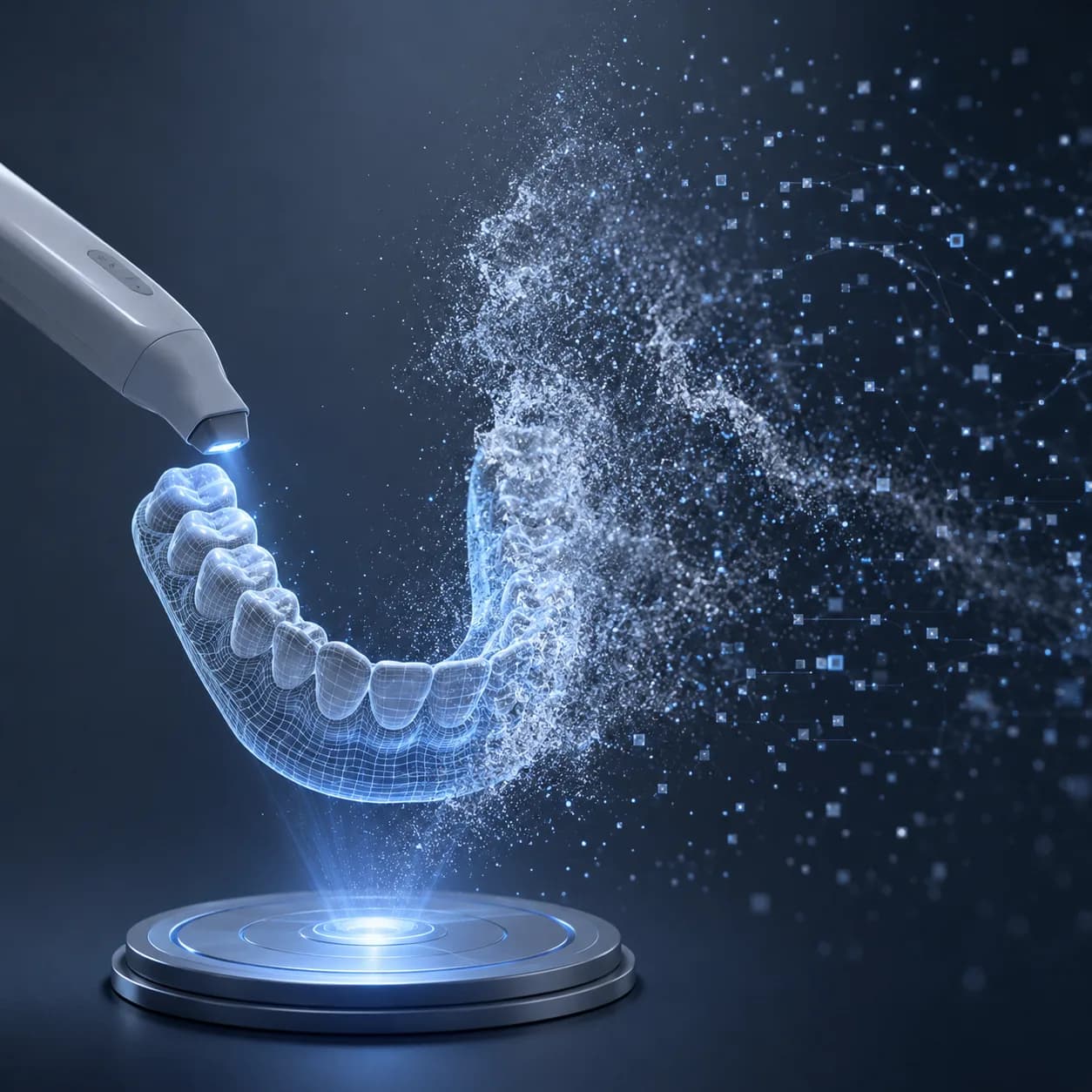 Empreinte dentaire 3D bleutée sur fond sombre dégradé, avec des points de données lumineux qui en émanent — esthétique tech-santé.