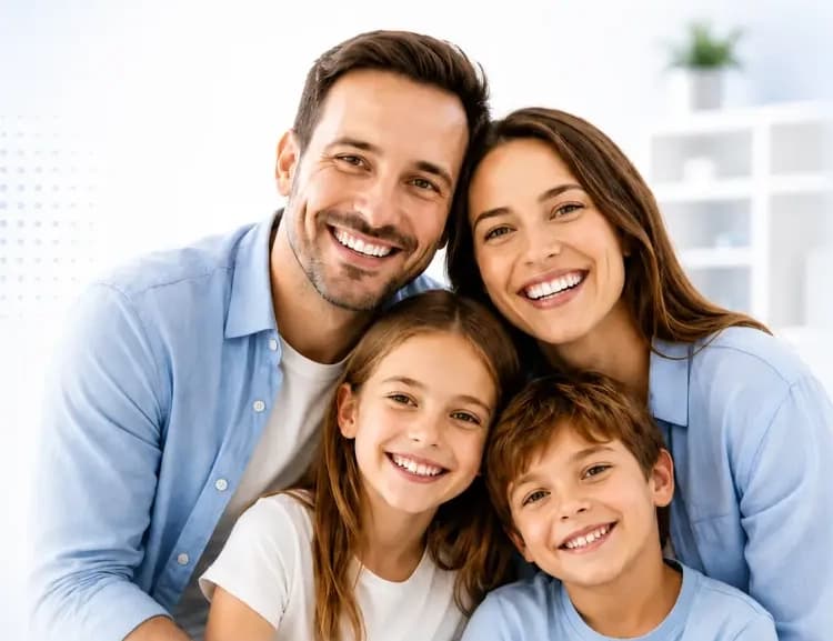 Famille souriante — deux parents et deux enfants, sourires naturels, lumière douce dans un intérieur clair bleu et blanc.